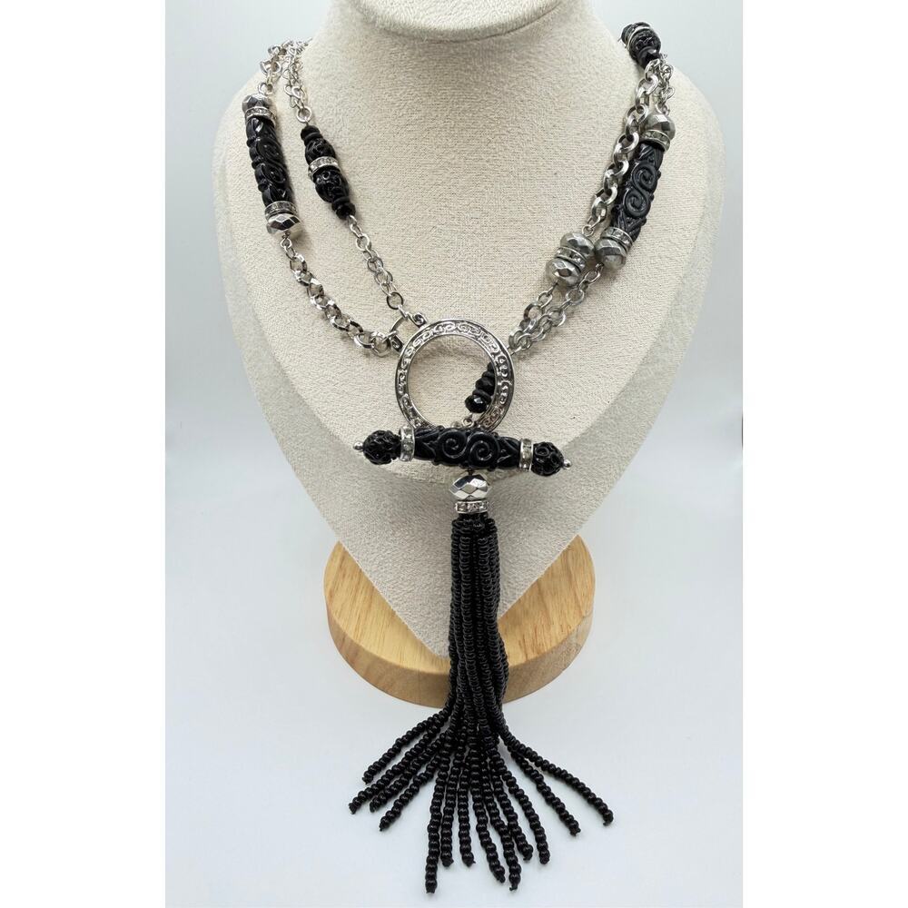 CONVERTIBLE 2-IN-1 NECKLACE Silver Long Station Short Layered Bib